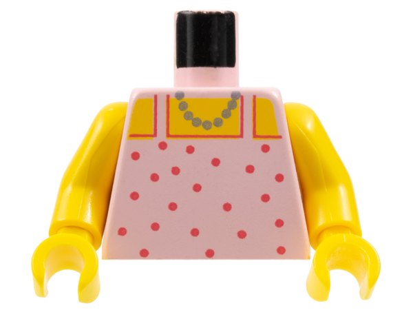 Pink torso with red polka dots and a gold bead necklace print. Features yellow arms and yellow hands.