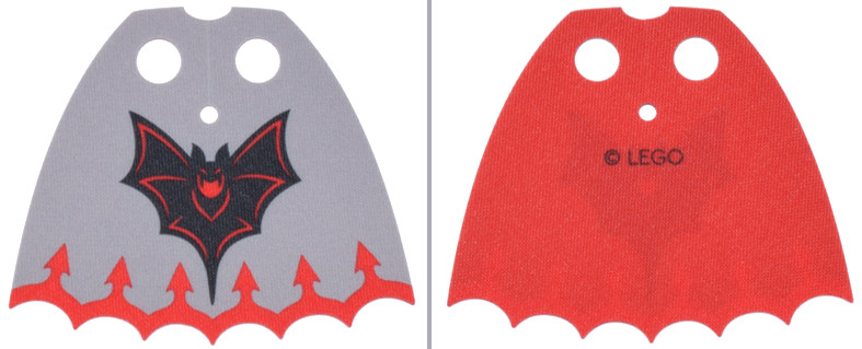 Minifigure Cape Cloth, Scalloped 7 Points with Light Bluish Gray and Red Sides, Black and Red Bat, Red Border with Arrows Pattern
