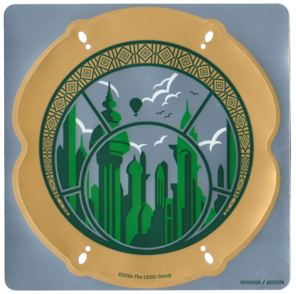 Plastic Round Leaded Window with Gold Frame, Green and Dark Green Emerald City Skyline Pattern
