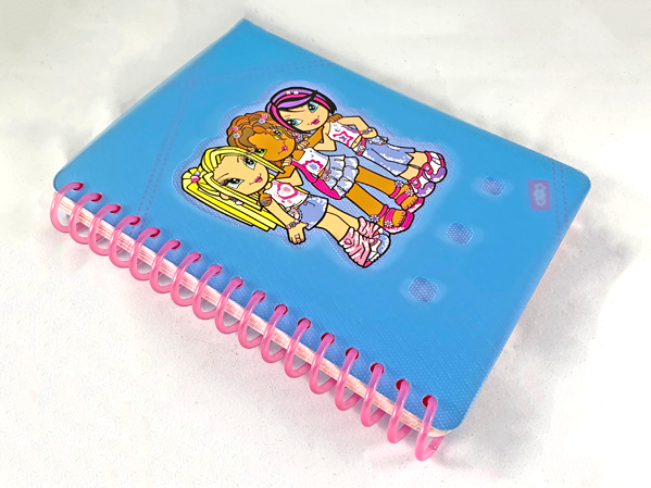 Clikits Notebook with Trans-Pink Spiral, Pink Pages, and Trans-Aqua Cover with 3 Holes and Heart, Daisy, and Star Characters Pattern