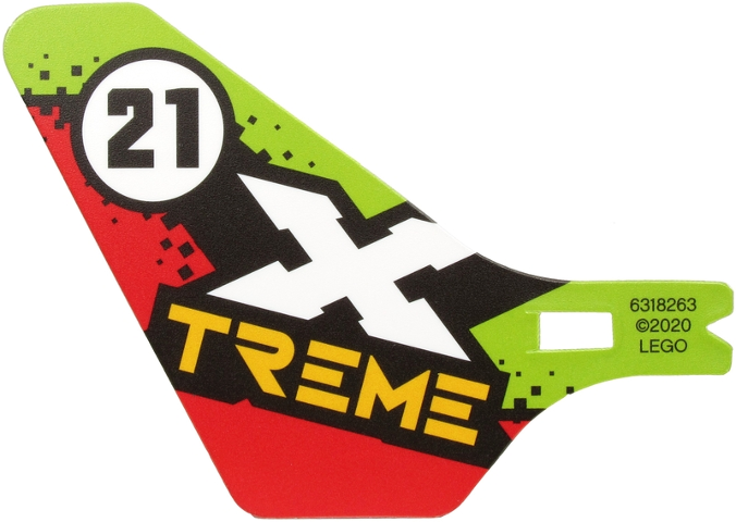 Plastic Tail for Flying Helicopter with 'X TREME' and '21' in Circle on Lime and Red Background Pattern on Both Sides