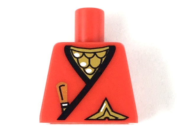 Torso Castle Ninja Wrap with Black Hem over Gold Scale Mail, Brown Dagger Handle, Shuriken Throwing Star, White Highlights Pattern