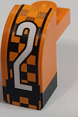 Stickered Assembly 2 x 1 x 1 2/3 with White Number 2 on Black and Orange Checkered Pattern (Sticker) - Set 8641 - 1 Plate 1 x 1, 1 Slope, Curved 2 x 1 x 1 1/3 with Recessed Stud