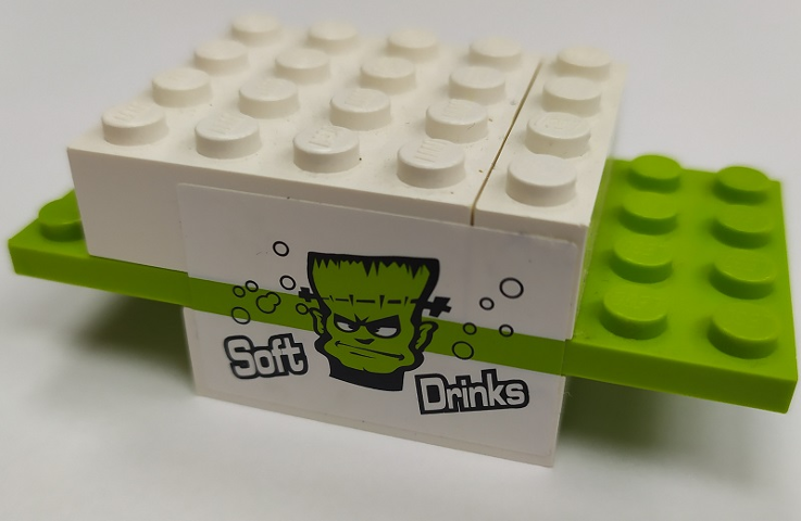 Stickered Assembly 8 x 4 x 2 1/3  with 'SOFT', 'DRINKS' and Monster Pattern (Stickers) - Set 8154 - 1 brick  1 x 4, 2 plate 4 x 4, 4 brick 2 x 4
