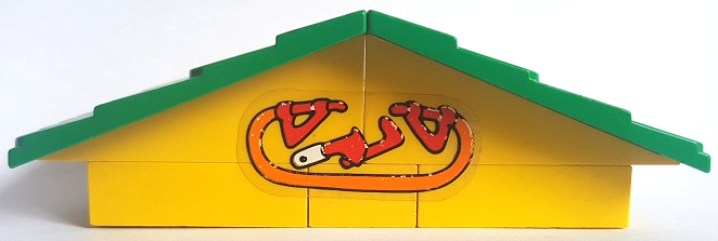 Stickered Assembly 12 x 4 x 3 1/3 with Pipe Wrench and  Gas / Fuel Pump with Hose Pattern (Sticker) - Set 3670 - Fabuland Roof Support Slope, 6 x 2 with Green Fabuland Roof Slope without Chimney Hole, 1 Brick 2 x 2 without Inside Supports, 2 Brick 2 x 4