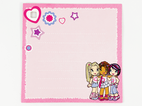 Clikits Paper, Card with Hole with Hearts, Stars, Flowers, and Girls on Pink Background with Dark Pink Border Pattern