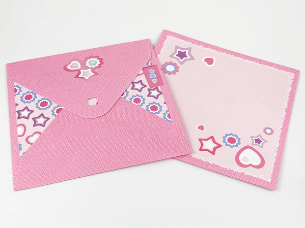 Clikits Paper, Envelope with Hole with Hearts, Stars, and Flowers on Pink and Dark Pink Background Pattern