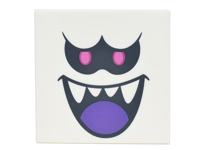 Tile 6 x 6 with Bottom Tubes with Black Eyes with Dark Pink Pupils, Open Mouth Smile with Sharp Teeth and Dark Purple Tongue Pattern (Super Mario King Boo Face)