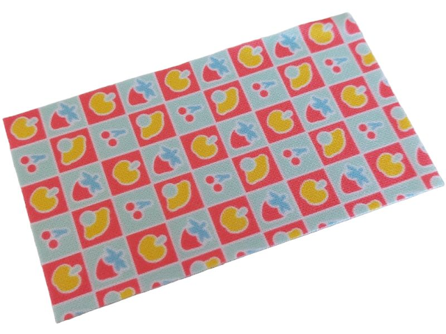 Duplo, Dishcloth 5 x 9 cm with Coral and Light Aqua Squares with Yellow Apples and Lemons, Coral and Medium Blue Cherries Pattern