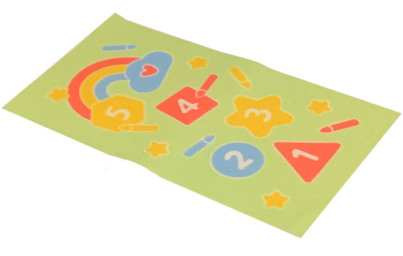 Duplo, Cloth Play Rug 5 x 9 cm with Coral, Yellow, and Medium Blue Shapes, Crayons and Rainbow on Yellowish Green Background Pattern