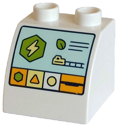 Duplo, Brick 2 x 2 x 1 1/2 Slope Curved with Light Aqua Electric Charger Screen with Lime Hexagon, Bright Light Orange Triangle, Bright Light Yellow Circle, Lightning Bolt, Leave, Train Locomotive on Track Pattern