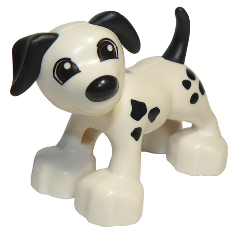 Duplo Dog with Reddish Brown Eyes and Black Ears, Nose, Tail, and Spots Pattern