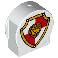 Duplo, Brick 1 x 2 x 2 Round Top, Cut Away Sides with Lion on Shield Pattern
