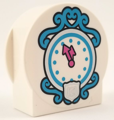 Duplo, Brick 1 x 2 x 2 Round Top, Cut Away Sides with Dark Azure and Silver Clock Face, Dark Pink Clock Hands, and 'C' in Shield Pattern