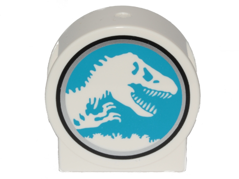 Duplo, Brick 1 x 2 x 2 Round Top, Cut Away Sides with Jurassic World Logo Pattern