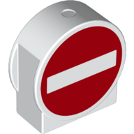 Duplo, Brick 1 x 2 x 2 Round Top, Cut Away Sides with Road Sign No Entry / Thoroughfare Pattern