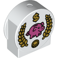 Duplo, Brick 1 x 2 x 2 Round Top, Cut Away Sides with Dark Pink Piggy Bank and Gold Laurel Branches, Coin, and Dollar Sign '$' Pattern