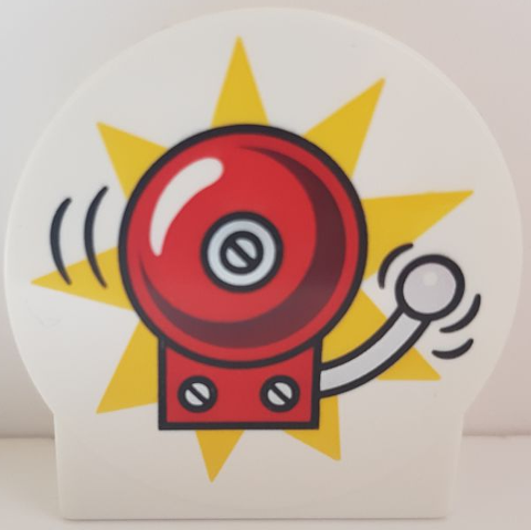 Duplo, Brick 1 x 2 x 2 Round Top, Cut Away Sides with Ringing Red Fire Alarm Bell on Yellow Starburst Pattern