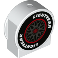 Duplo, Brick 1 x 2 x 2 Round Top, Cut Away Sides with Wheel, Black Tire, and 'LIGHTYEAR' Pattern