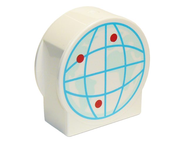 Duplo, Brick 1 x 2 x 2 Round Top, Cut Away Sides with Medium Azure Wire Frame Globe with Light Aqua Continents and Red Dots Pattern