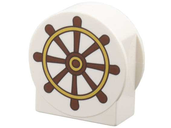 Duplo, Brick 1 x 2 x 2 Round Top, Cut Away Sides with Reddish Brown and Gold Boat Helm / Ship's Wheel Pattern