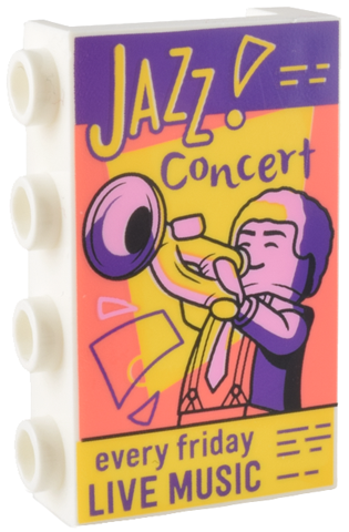 Panel 1 x 4 x 2 with Side Supports - Hollow Studs with Bright Pink, Coral, Dark Purple, and Yellow Poster of Minifigure with Trumpet, 'JAZZ! Concert', and 'every friday LIVE MUSIC' Pattern