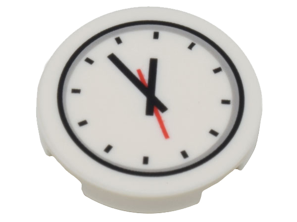 Tile, Round 2 x 2 with Bottom Stud Holder with Clock and Red and Black Hands Pattern