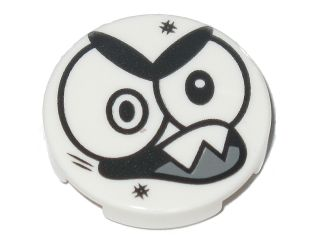 Tile, Round 2 x 2 with Bottom Stud Holder with Black Large Eyes, Eyebrows, Open Mouth with 2 Sharp Teeth (Nixel Face) Pattern