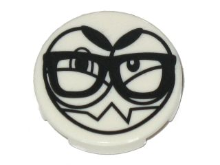 Tile, Round 2 x 2 with Bottom Stud Holder with Black Large Eyes, Eyebrows, Sharp Teeth and Glasses (Nixel Face) Pattern