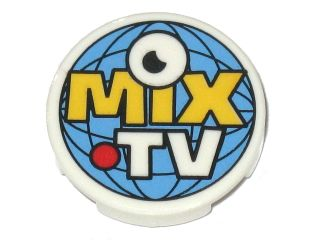 Tile, Round 2 x 2 with Bottom Stud Holder with Eye, Globe, Red Dot and 'MIX TV' Pattern