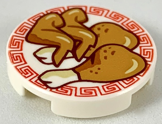 Tile, Round 2 x 2 with Bottom Stud Holder with Medium Nougat Chicken Wings and Legs on Plate with Red Border Pattern