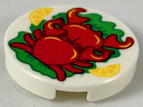 Tile, Round 2 x 2 with Bottom Stud Holder with 2 Red Crabs, 2 Bright Light Orange Orange Slices, Green Garnish Pattern