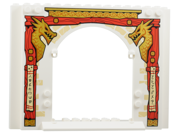Panel 4 x 16 x 10 with Red Wooden Posts, Gold Dragon Heads and Roof, Tan Bricks and Banners with Black Ninjago Logogram 'WELCOME NINJAS' Pattern