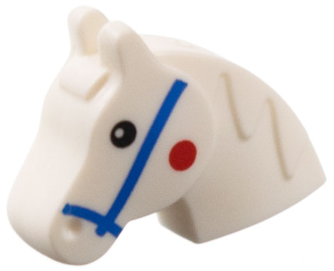 Minifigure, Utensil Horse Head with Neck and Mane with Blue Bridle, Black Eyes, Red Spot on Cheeks Pattern
