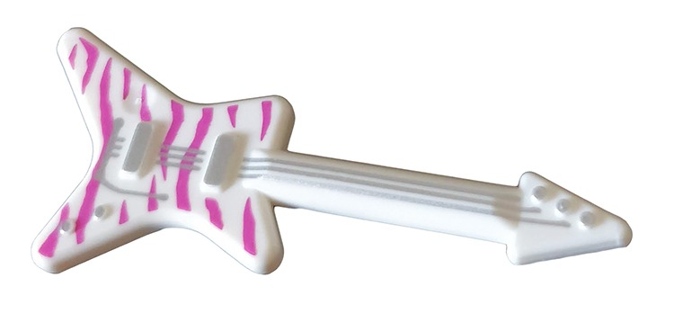 Minifigure, Utensil Musical Instrument, Guitar Electric 'ML' Type with Dark Pink Tiger Stripes and Silver Strings, Bridge, and Whammy Bar Pattern