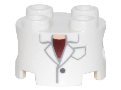 Brick, Round 2 x 2 with Pin Holes with Lab Coat Jacket with Lapels, Pocket, and Button, Dark Red Shirt, Light Nougat Neck Pattern (Super Mario Professor E. Gadd Torso)