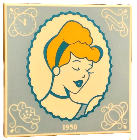 Tile 4 x 4 with Bright Light Orange and Dark Azure Cinderella Portrait in Oval Frame with White Filigree, '1950', Clock Face, Glass Slipper, Gus and Pumpkin on Bright Light Blue Background Pattern