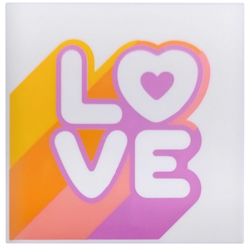 Tile 4 x 4 with 'LOVE' on Bright Light Orange, Orange, Coral and Medium Lavender Diagonal Bands Pattern