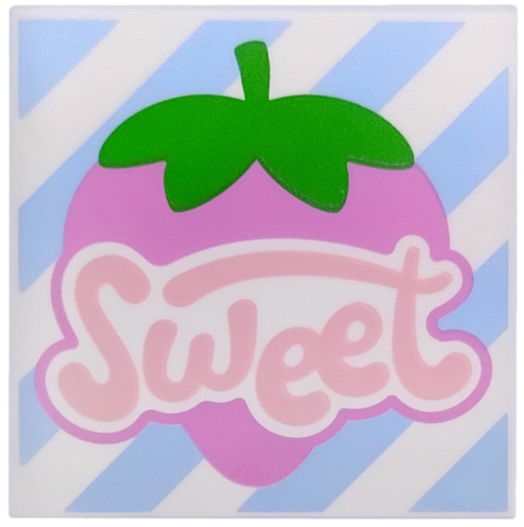 Tile 4 x 4 with Warm Pink 'Sweet', Dark Pink and Green Strawberry, Bright Light Blue Diagonal Stripes Pattern