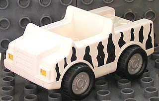 Duplo Car with 2 x 2 Studs and White Base with Pearl Light Gray Wheels with Black Safari Stripes Pattern