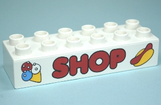 Duplo, Brick 2 x 6 with Ice Cream Cone, 'SHOP', and Hot Dog Pattern