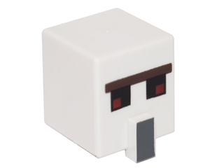 Minifigure, Head, Modified Cube Tall with Raised Rectangle with Pixelated Dark Brown Unibrow, Red and Black Eyes, and Dark Bluish Gray Nose Pattern (Minecraft Iron Golem)