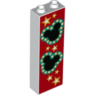 Brick 1 x 2 x 5 with Black Mickey Mouse Logos with Dark Turquoise Border and Yellow and White Stars on Red Background Pattern