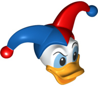 Minifigure, Head, Modified Duck with Bright Light Orange Bill and Black and Medium Blue Eyes and Blue and Red Jester's Cap Pattern (Donald)