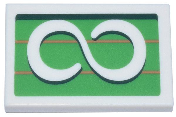 Part 26603pb357 : Tile 2 x 3 with White Infinity Symbol on Bright Green  Background with Dark Green and Medium Nougat Lines Pattern [(unsorted)]  [BrickLink]