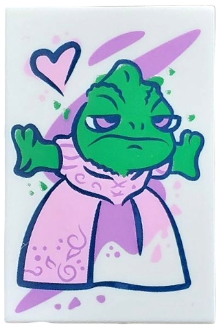 Tile 2 x 3 with Painting of Green Disney Pascal with Bright Pink and Medium Lavender Dress, Black Heart Outline Pattern