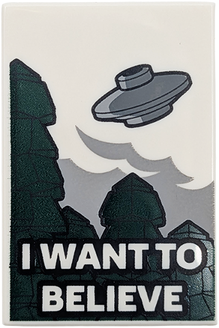Tile 2 x 3 with Light Bluish Gray and Dark Bluish Gray UFO, Dark Green Trees and 'I WANT TO BELIEVE' Pattern