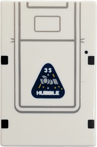 Tile 2 x 3 with Light Bluish Gray Lines, Black Squares, Dark Blue Triangle with Space Telescope and White '35' and 'HUBBLE' Pattern