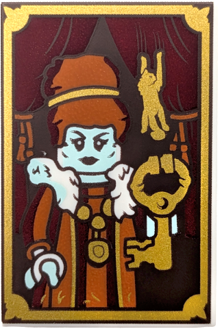 Tile 2 x 3 with Mayor Manor Mayor Portrait with Gold Frame, Key and Cat Hanging in Curtain Pattern