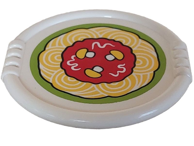 Duplo Utensil Disk with Red Tomato Sauce, Yellow Mushrooms, and Spaghetti Pasta on Lime Background Pattern